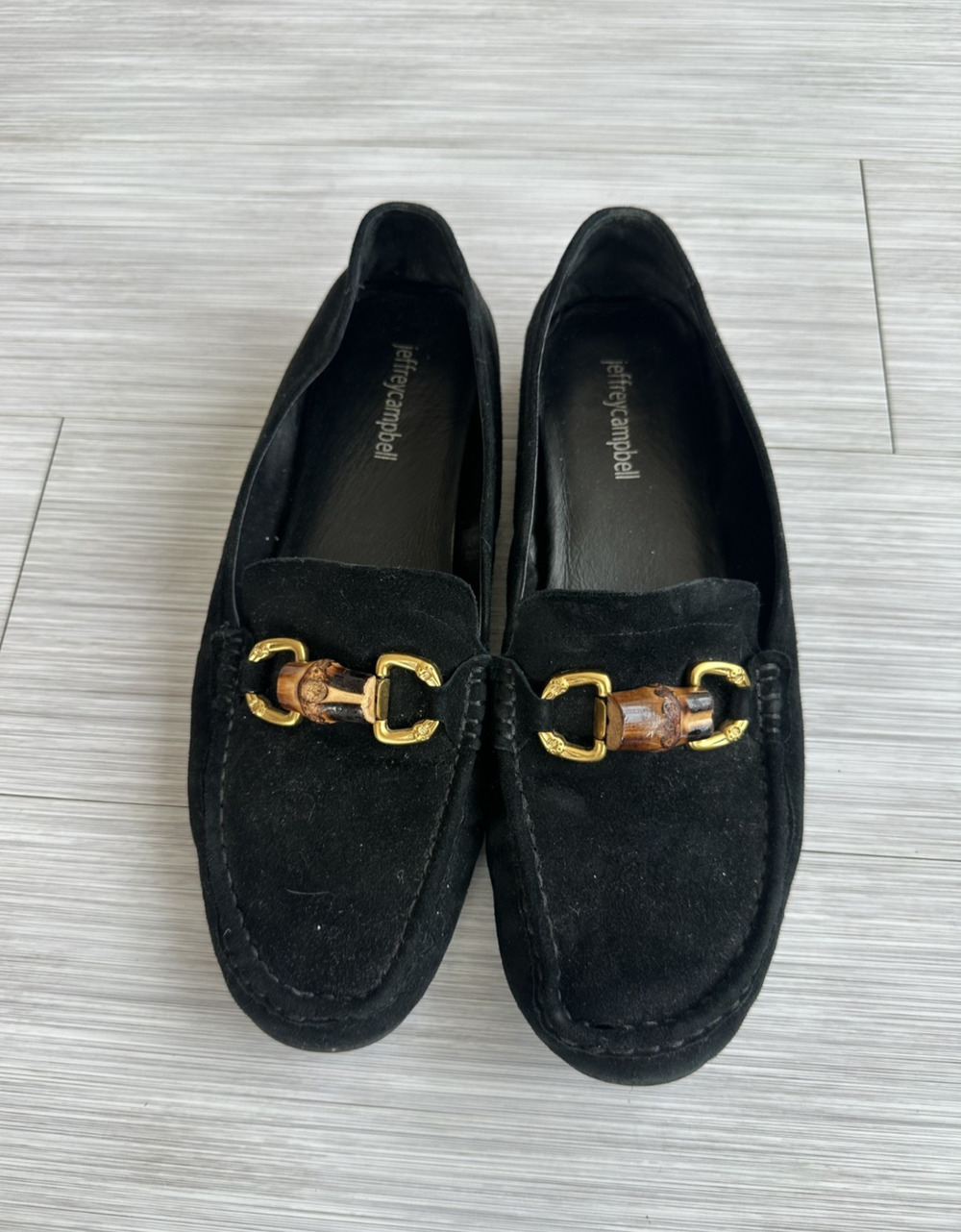 Jeffrey Campbell Black Suede Loafers Bamboo Horsebit Hardware Detail Sz 10